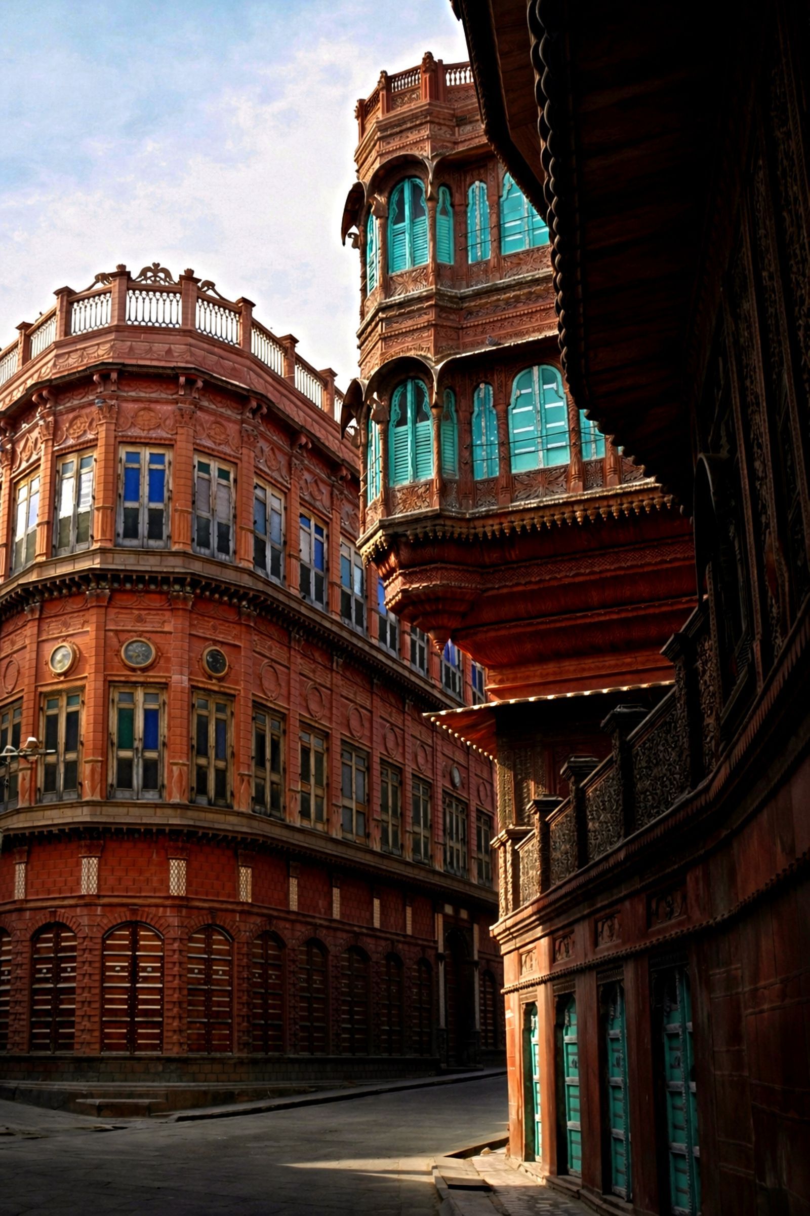 A narrow Bikaner lane lined with red sandstone havelis and carved balconies